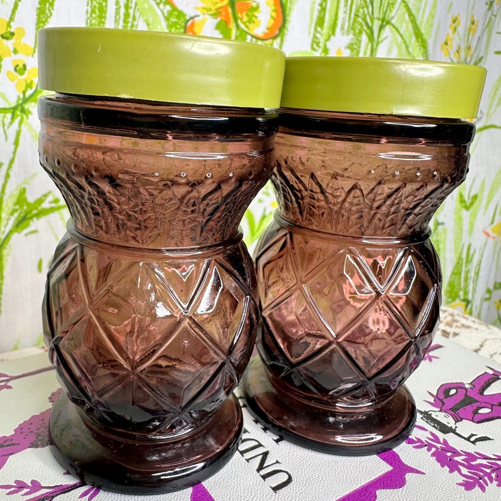 Vintage MCM Wheaton Amethyst Purple Glass Salt‎ and Pepper Shakers Avocado Green